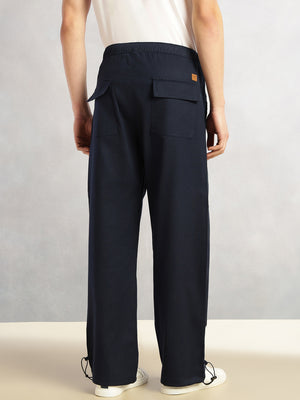 Thomas Scott Men Navy Regular Fit Mid-Rise Solid Woven Trousers with Drawstring Closure & Four Pockets