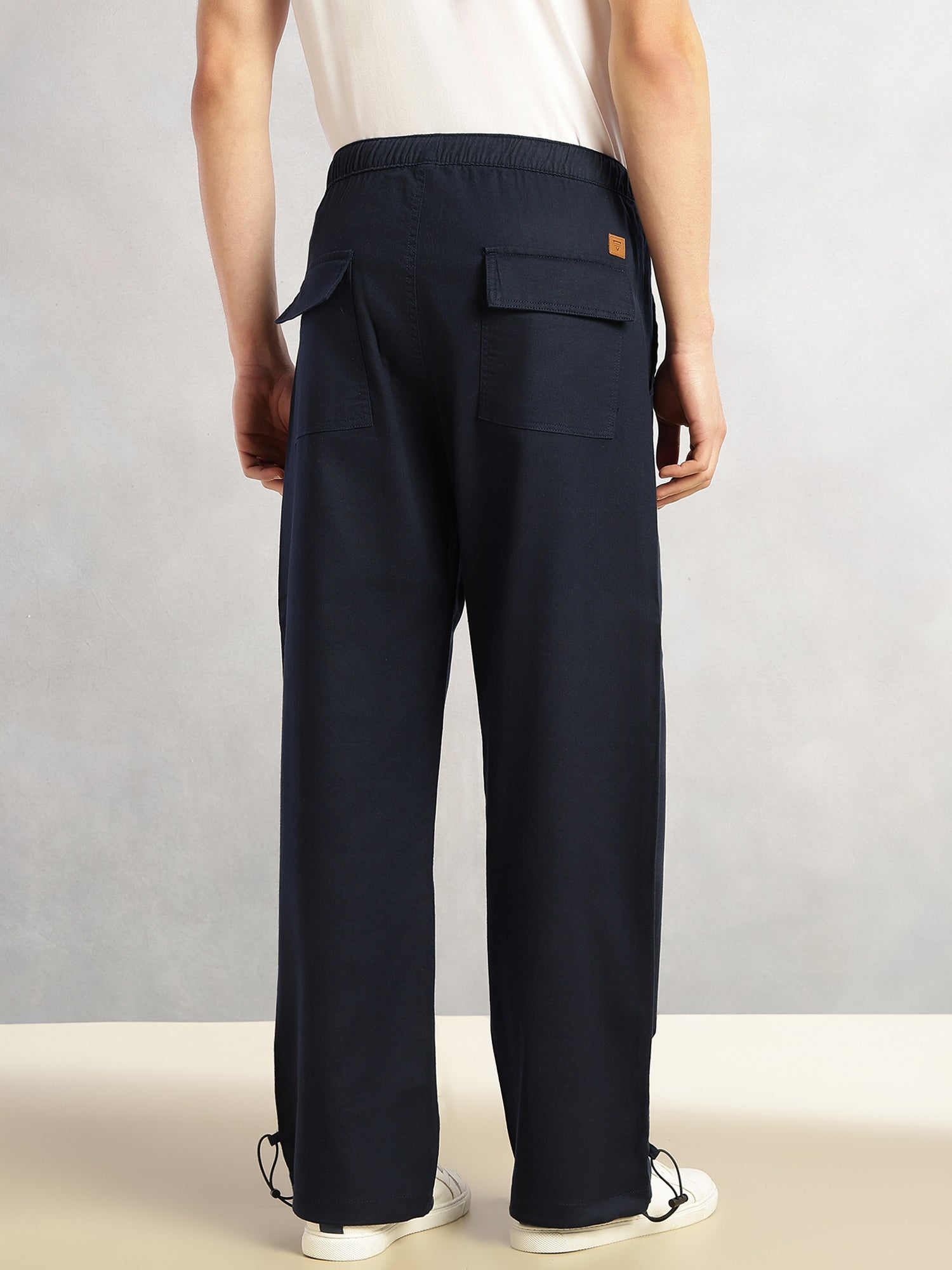 Thomas Scott Men Navy Regular Fit Mid-Rise Solid Woven Trousers with Drawstring Closure & Four Pockets
