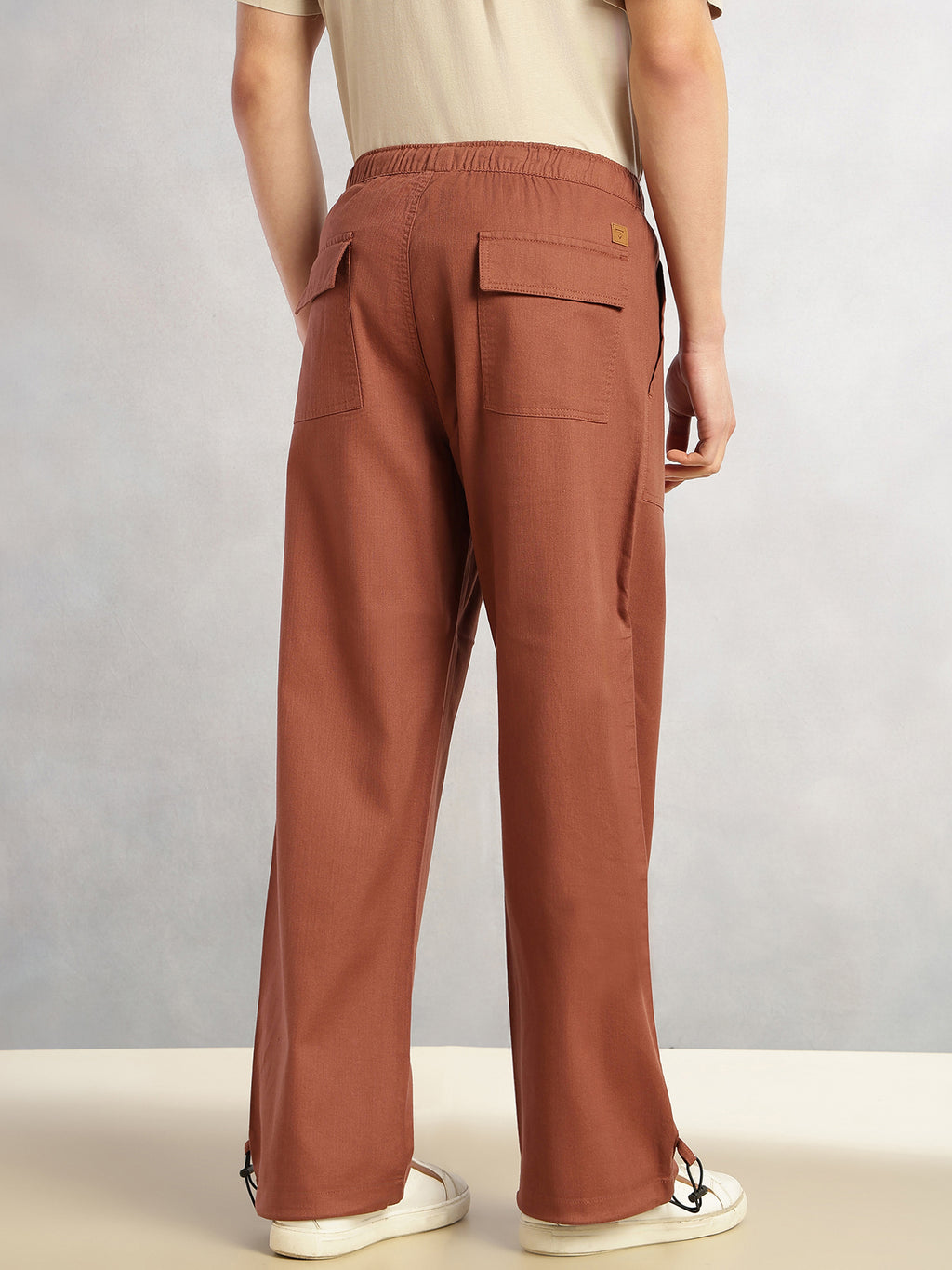 Thomas Scott Men Rust Regular Fit Mid-Rise Solid Woven Trousers with Drawstring Closure & Four Pockets