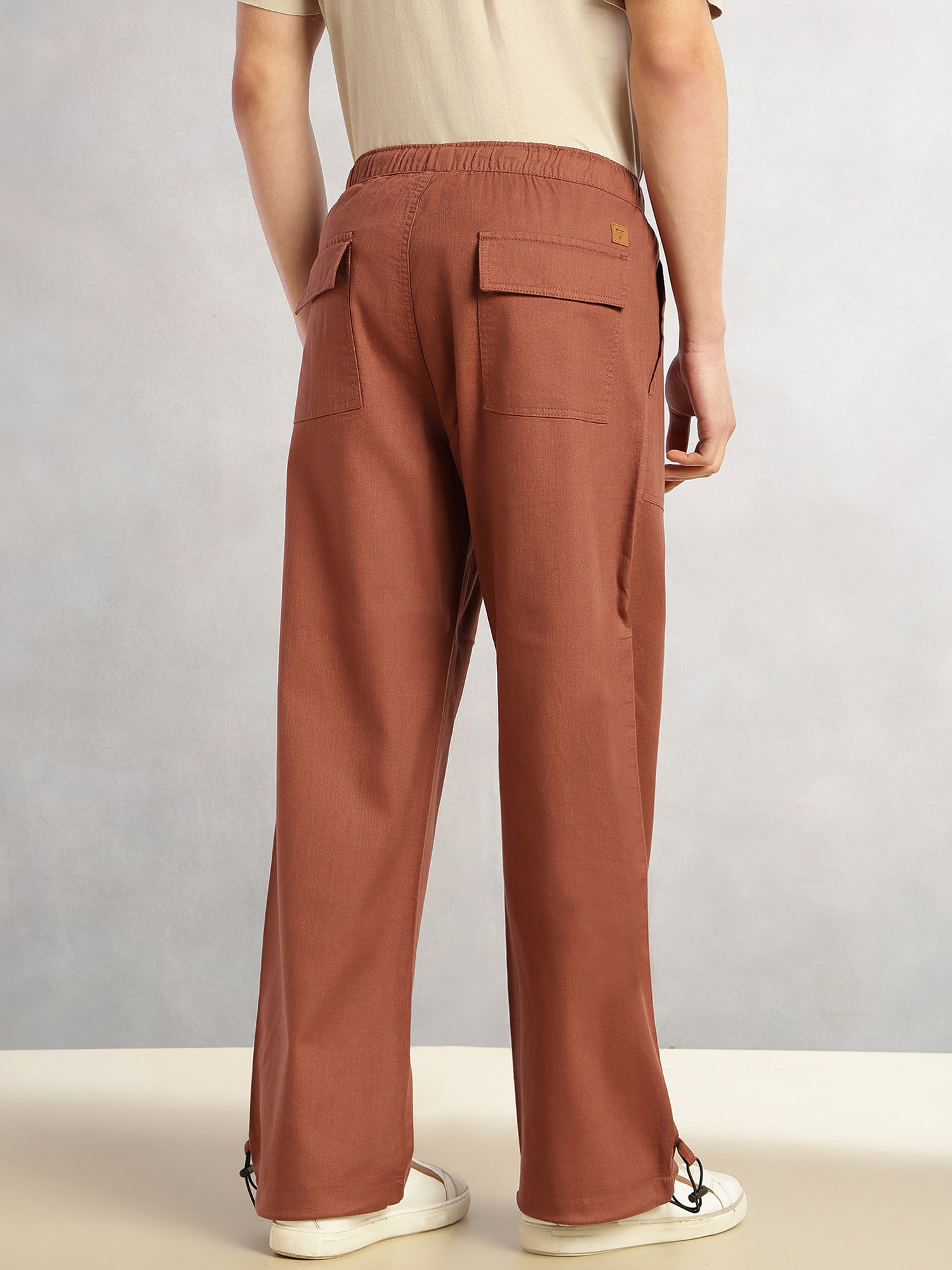 Thomas Scott Men Rust Regular Fit Mid-Rise Solid Woven Trousers with Drawstring Closure & Four Pockets