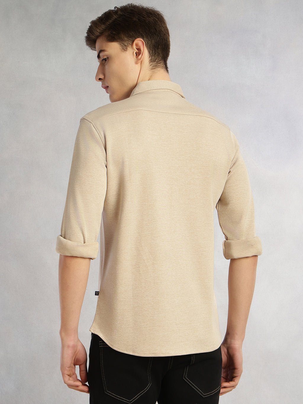 Thomas Scott Men Beige Slim Fit Long Sleeves Spread Collar Solid Knitted Shirt