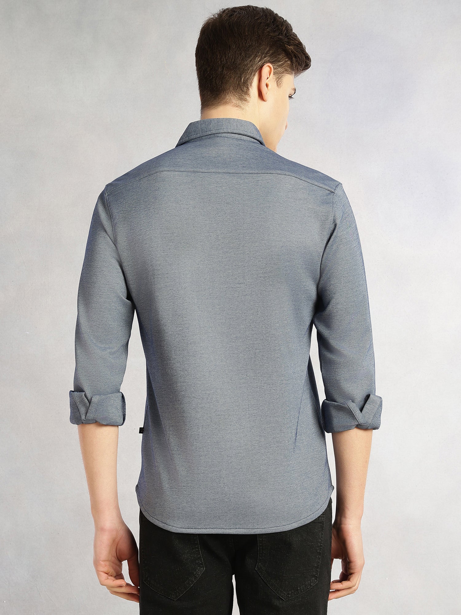 Thomas Scott Men Navy Slim Fit Long Sleeves Spread Collar Solid Knitted Shirt