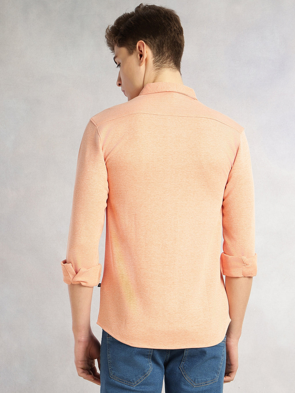Thomas Scott Men Peach Slim Fit Long Sleeves Spread Collar Solid Knitted Shirt
