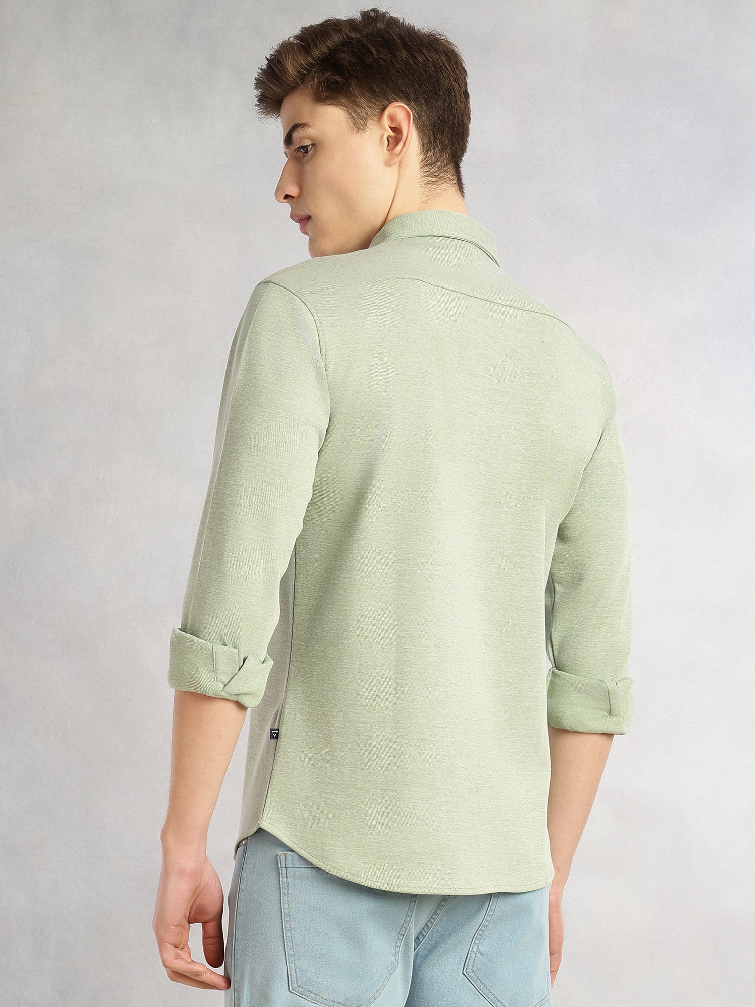 Thomas Scott Men Sage Green Slim Fit Long Sleeves Spread Collar Solid Knitted Shirt