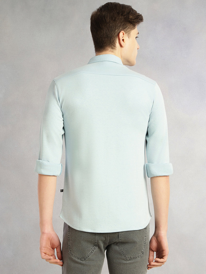 Thomas Scott Men Sky Blue Slim Fit Long Sleeves Spread Collar Solid Knitted Shirt