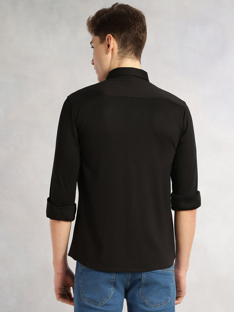 Thomas Scott Men Black Slim Fit Long Sleeves Spread Collar Solid Knitted Casual Shirt