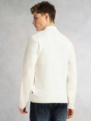 Thomas Scott Men White Regular Fit Long Sleeves Zip Closure Mock Collar Acrylic Knitted Sweatshirt