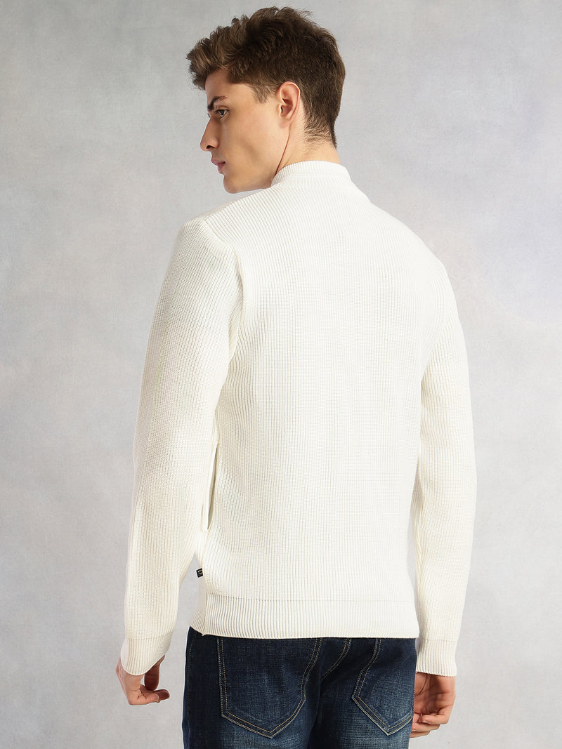 Thomas Scott Men White Regular Fit Long Sleeves Zip Closure Mock Collar Acrylic Knitted Sweatshirt