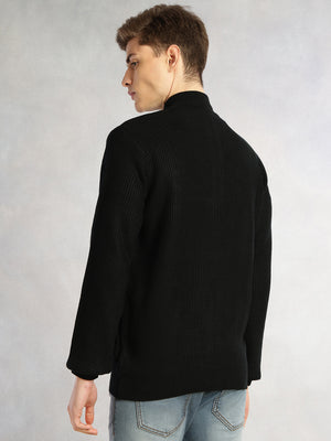 Thomas Scott Men Black Regular Fit Long Sleeves Zip Closure Mock Collar Acrylic Knitted Sweatshirt