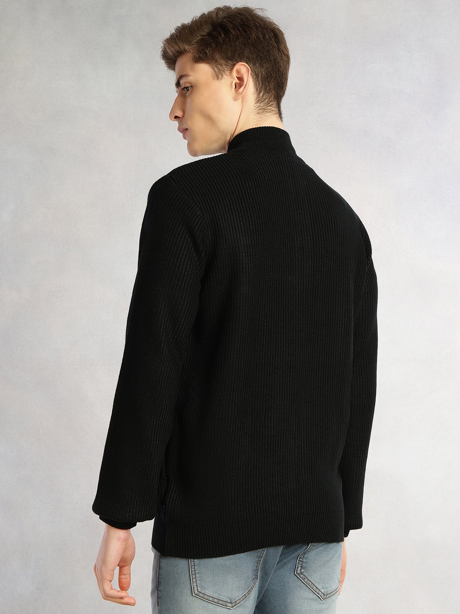 Thomas Scott Men Black Regular Fit Long Sleeves Zip Closure Mock Collar Acrylic Knitted Sweatshirt