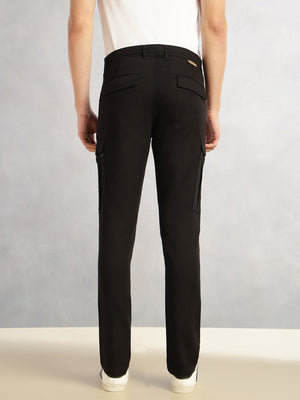 Thomas Scott Men Black Regular Fit Mid-Rise Solid Woven Utility Cargo Trouser