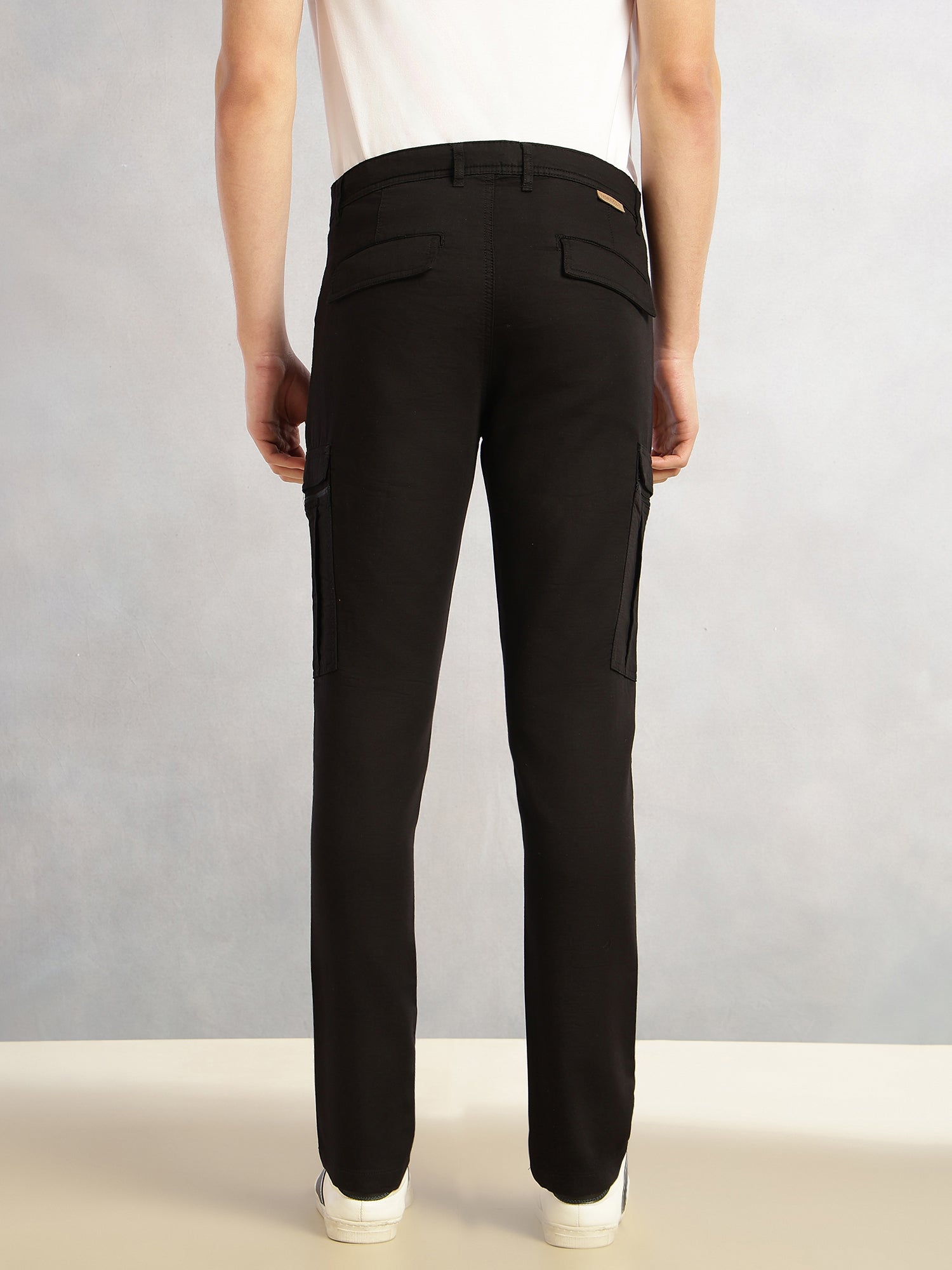 Thomas Scott Men Black Regular Fit Mid-Rise Solid Woven Utility Cargo Trouser