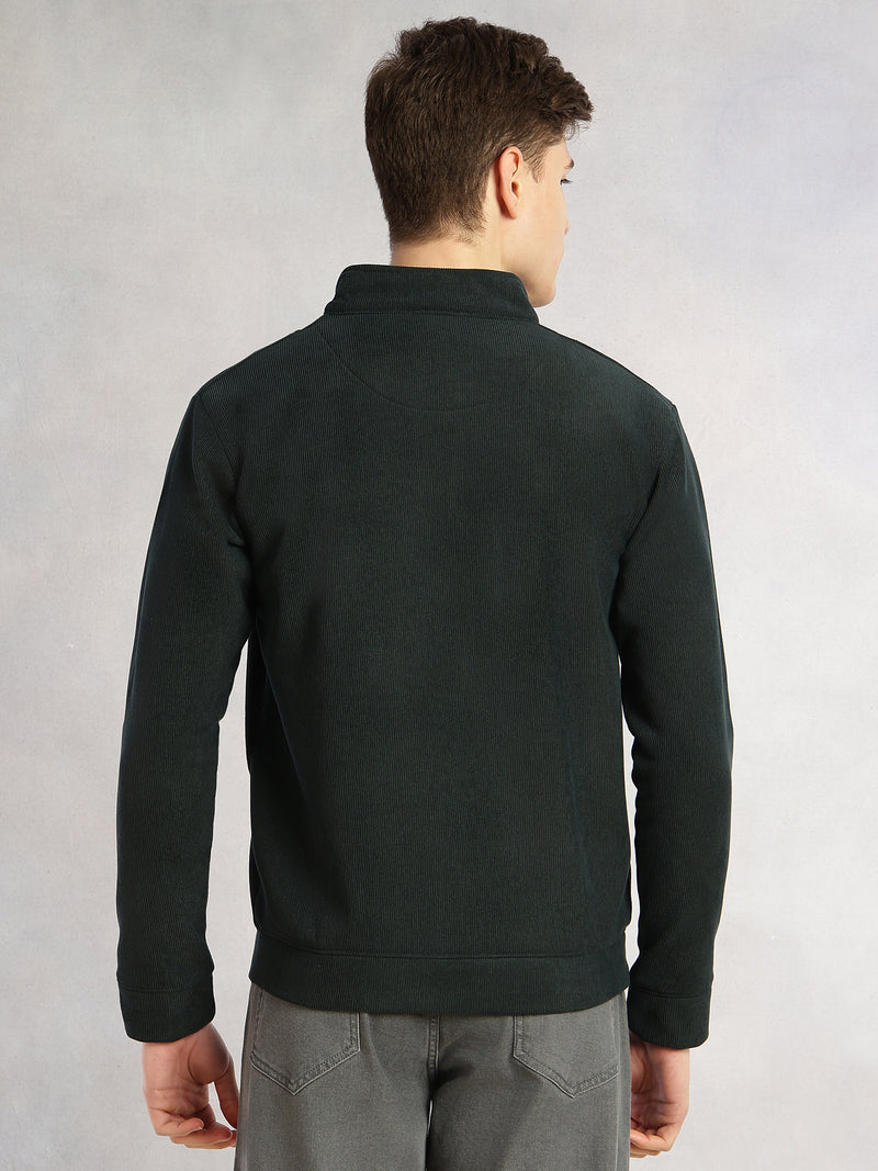 Thomas Scott Men Bottle Green Regular Fit Long Sleeves Mock Neck Half-Zip Solid Polyester Knitted Sweatshirt