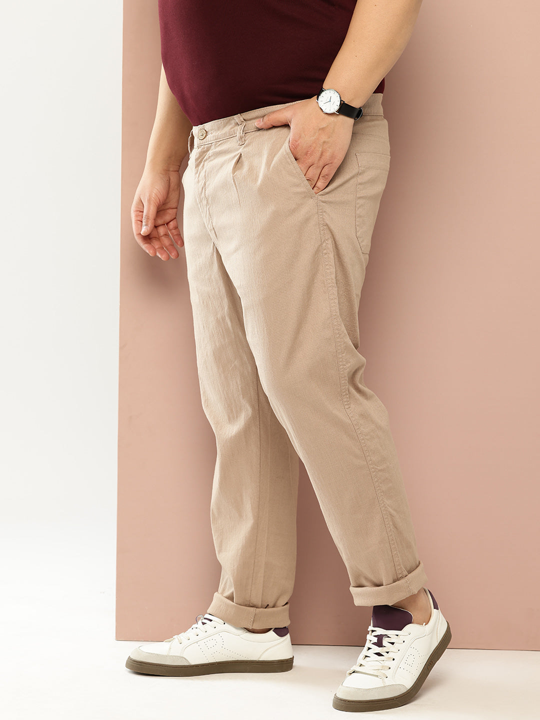 Thomas Scott Men Beige Regular Fit Mid Rise Solid Woven Chino Trouser with Button Waist