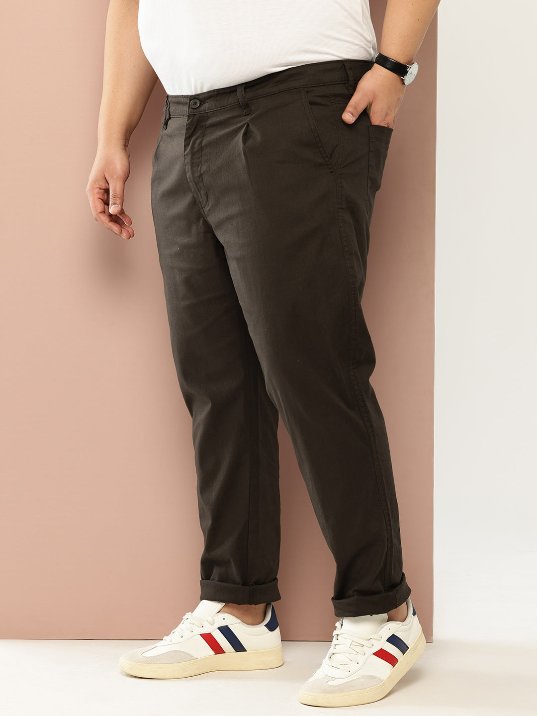 Thomas Scott Men Brown Regular Fit Mid Rise Solid Woven Chino Trouser with Button Waist