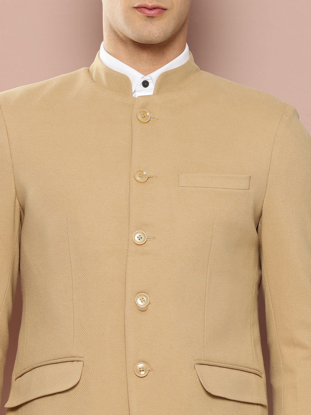 Thomas Scott Men Beige1 Regular Fit Mandarin Collar Long Sleeves Solid Formal and Wedding Wear Bandhgala Blazer