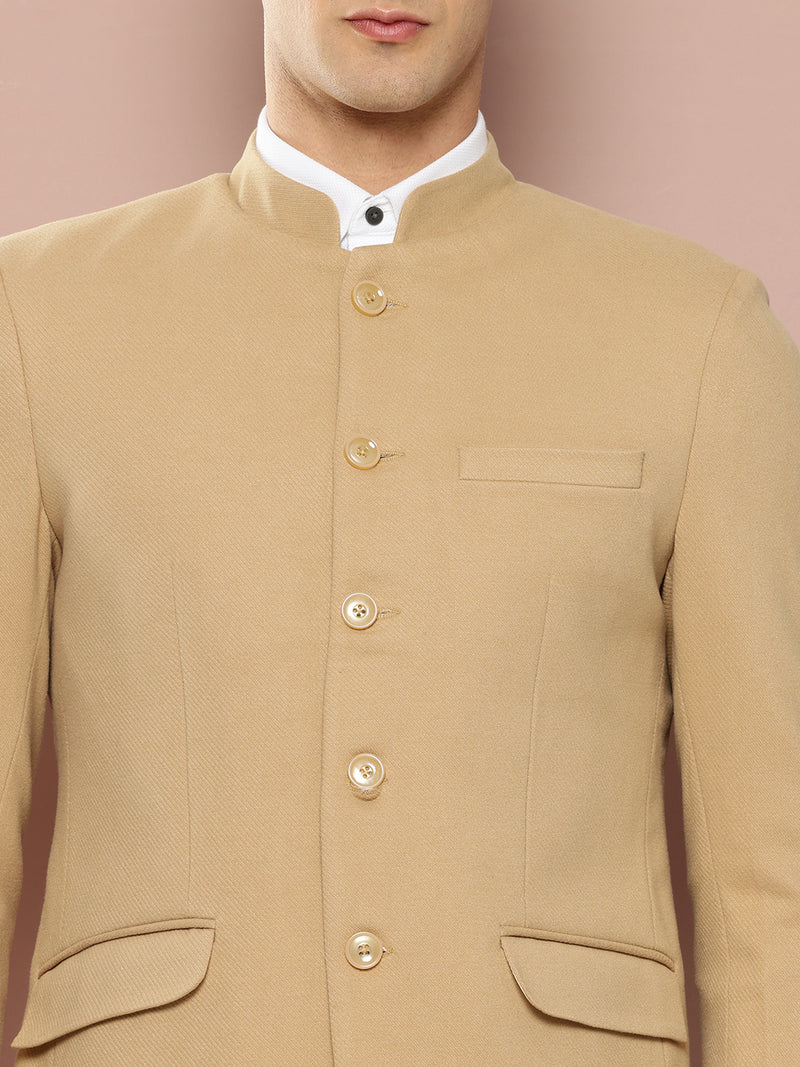Thomas Scott Men Beige1 Regular Fit Mandarin Collar Long Sleeves Solid Formal and Wedding Wear Bandhgala Blazer