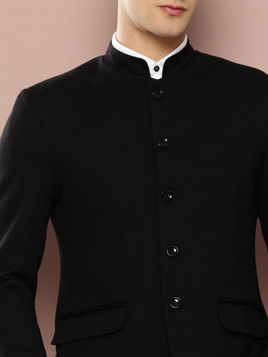 Thomas Scott Men Black1 Regular Fit Mandarin Collar Long Sleeves Solid Formal and Wedding Wear Bandhgala Blazer