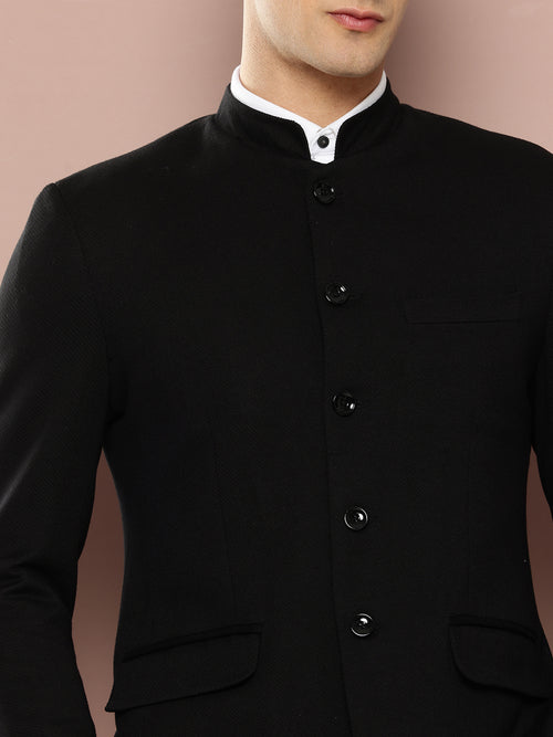 Thomas Scott Men Black1 Regular Fit Mandarin Collar Long Sleeves Solid Formal and Wedding Wear Bandhgala Blazer