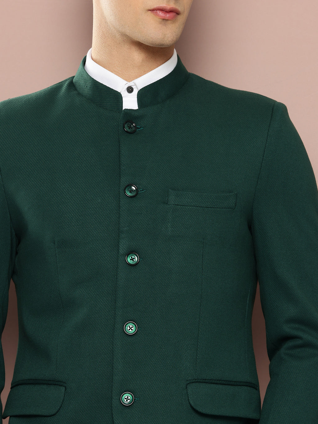 Thomas Scott Men Bottle Green1 Regular Fit Mandarin Collar Long Sleeves Solid Formal and Wedding Wear Bandhgala Blazer