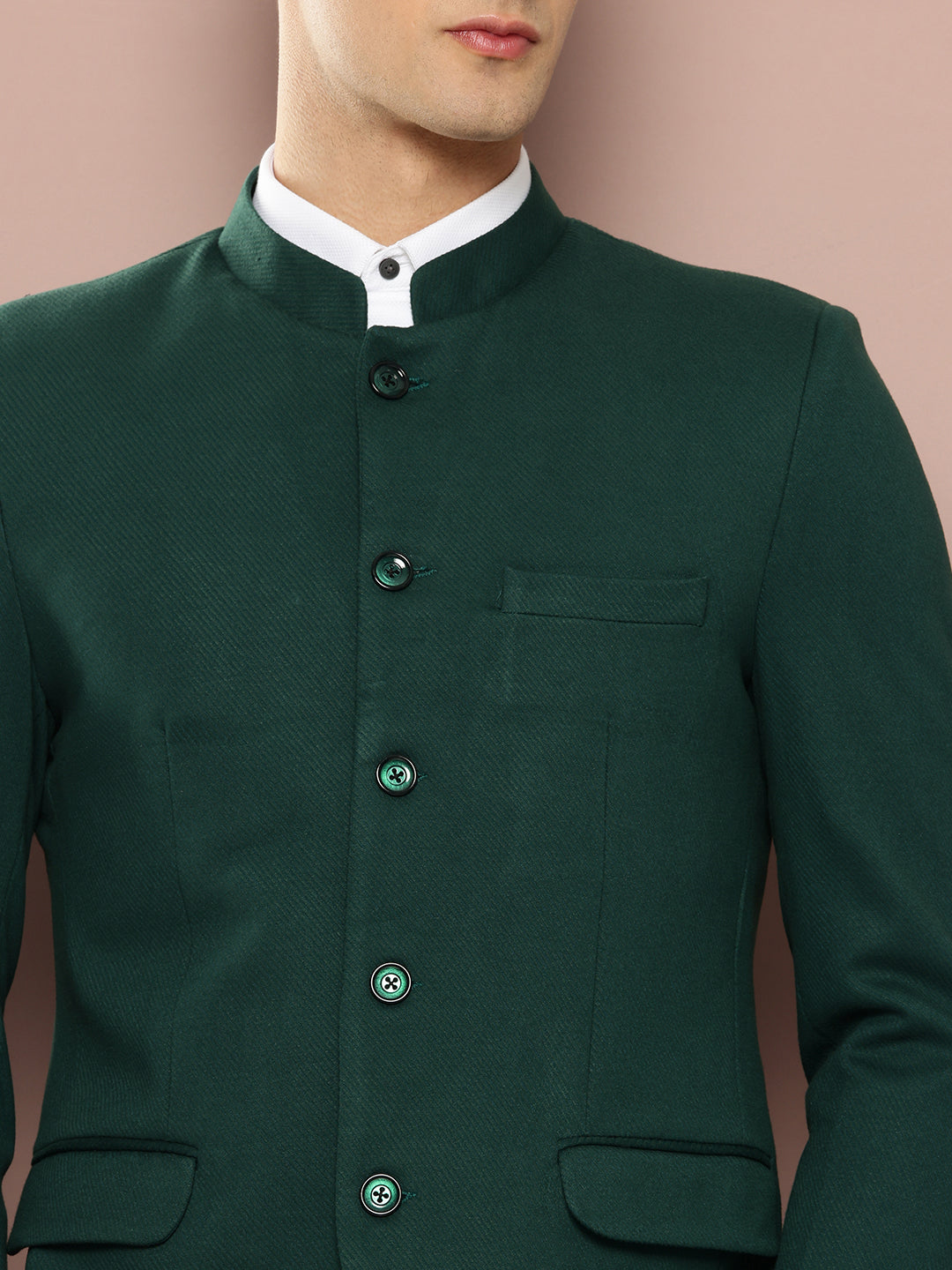 Thomas Scott Men Bottle Green1 Regular Fit Mandarin Collar Long Sleeves Solid Formal and Wedding Wear Bandhgala Blazer
