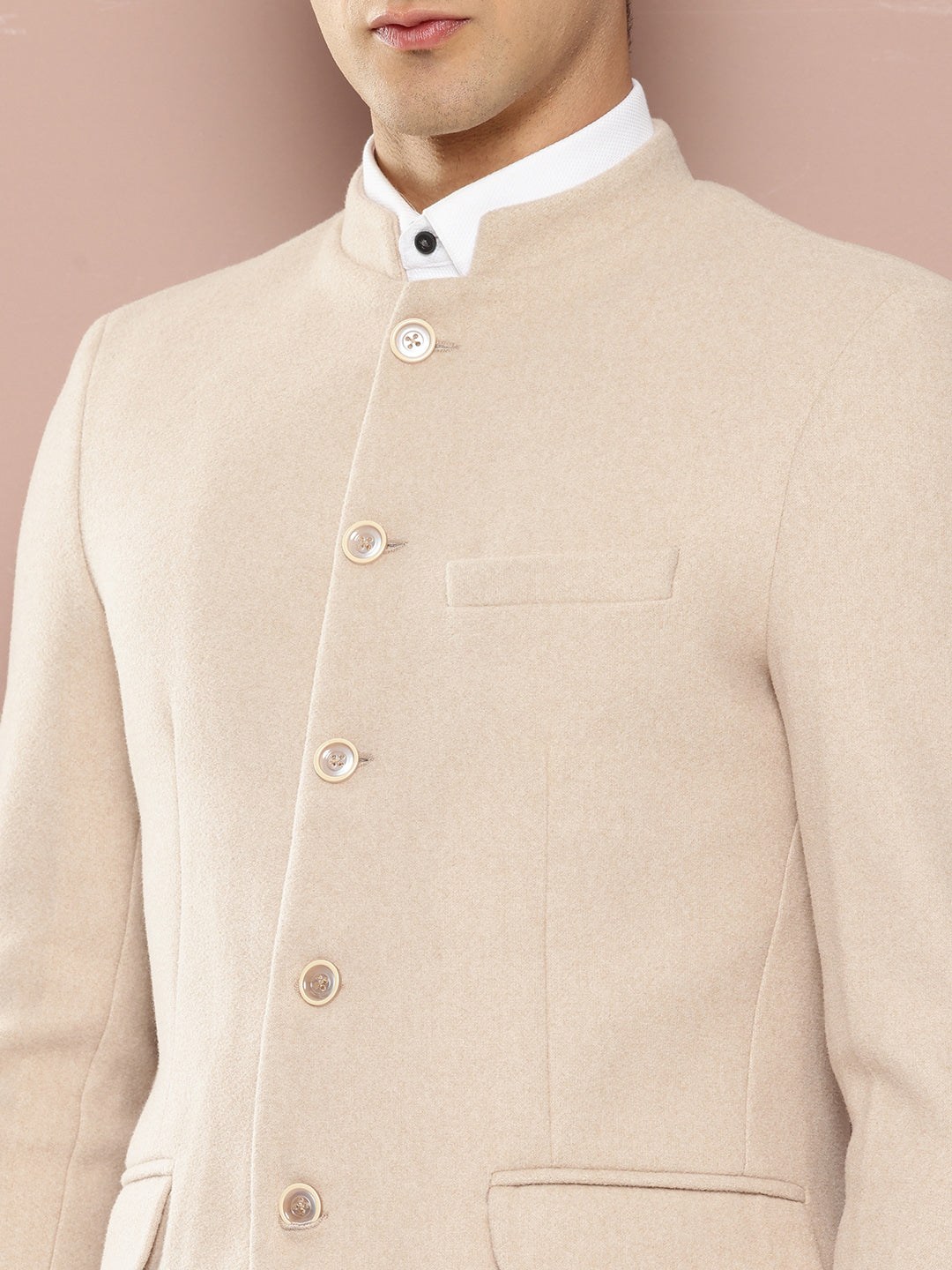 Thomas Scott Men Beige1 Regular Fit Long Sleeves Mandarin Collar Solid Formal and Wedding Wear Bandhgala Blazer