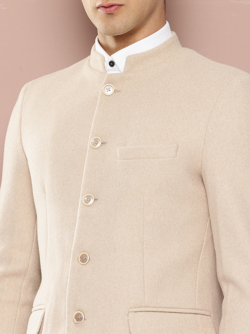 Thomas Scott Men Beige1 Regular Fit Long Sleeves Mandarin Collar Solid Formal and Wedding Wear Bandhgala Blazer