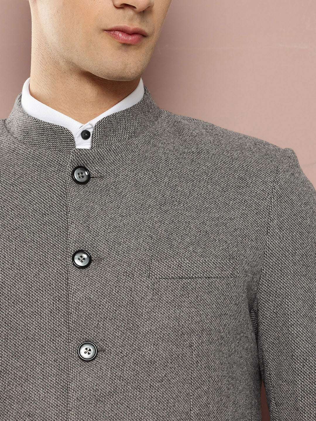 Thomas Scott Men Grey1 Long Sleeves Regular Fit Mandarin Collar Solid Formal and Wedding Wear Bandhgala Blazer