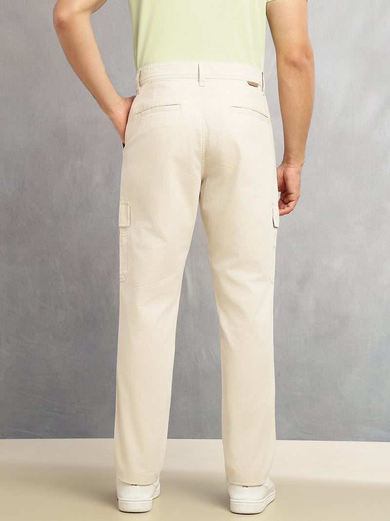 Thomas Scott Men Beige Cricket Club Collections Straight Fit Mid-Rise Solid 6 Pockets 100% Cotton Woven Cargo Trouser