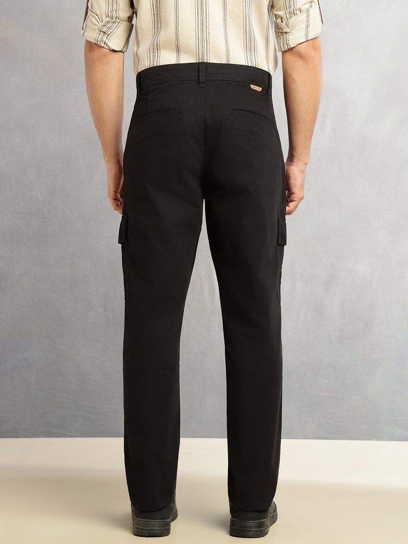 Thomas Scott Men Black Cricket Club Collections Straight Fit Mid-Rise Solid 6 Pockets 100% Cotton Woven Cargo Trouser