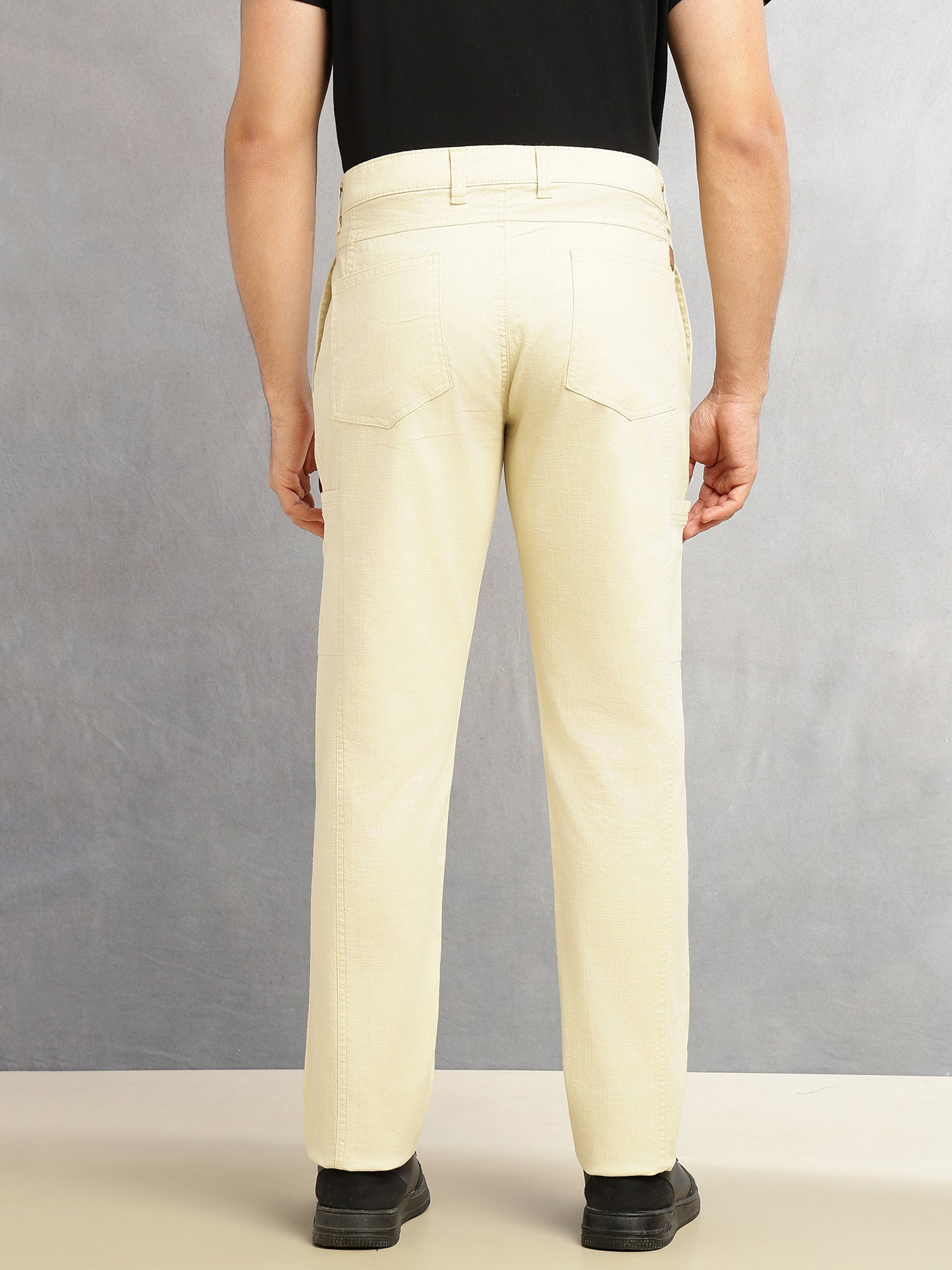 Thomas Scott Men Beige Smart Straight Fit Mid-Rise Solid 6-Pocket Design Woven Cargo Trouser