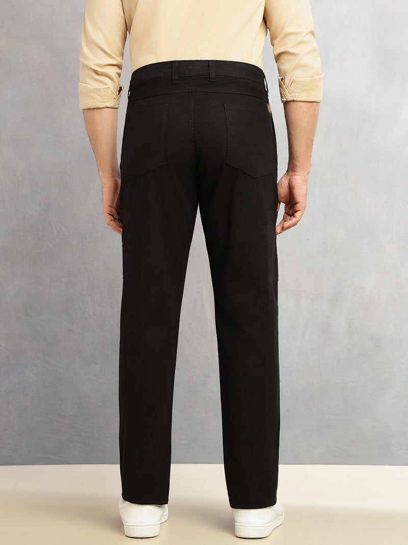 Thomas Scott Men Black Smart Straight Fit Mid-Rise Solid 6-Pocket Design Woven Cargo Trouser