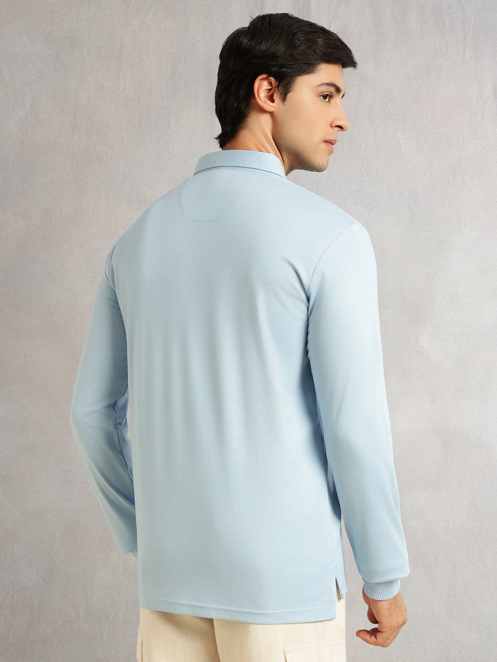 Thomas Scott Men Blue Regular Fit Long Sleeves Solid Viscose Rayon Knitted Polo Collar Performance Tshirt