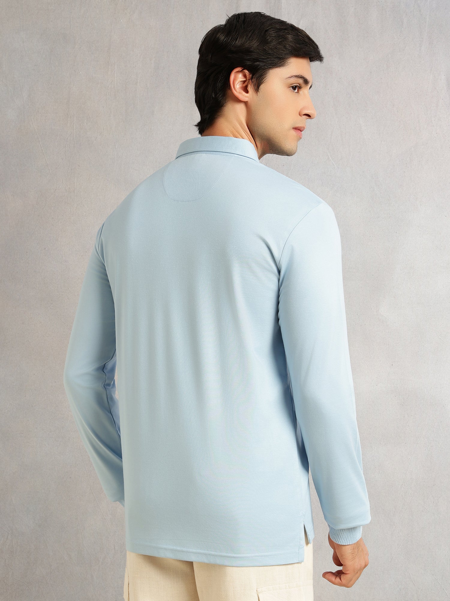 Thomas Scott Men Blue Regular Fit Long Sleeves Solid Viscose Rayon Knitted Polo Collar Performance Tshirt