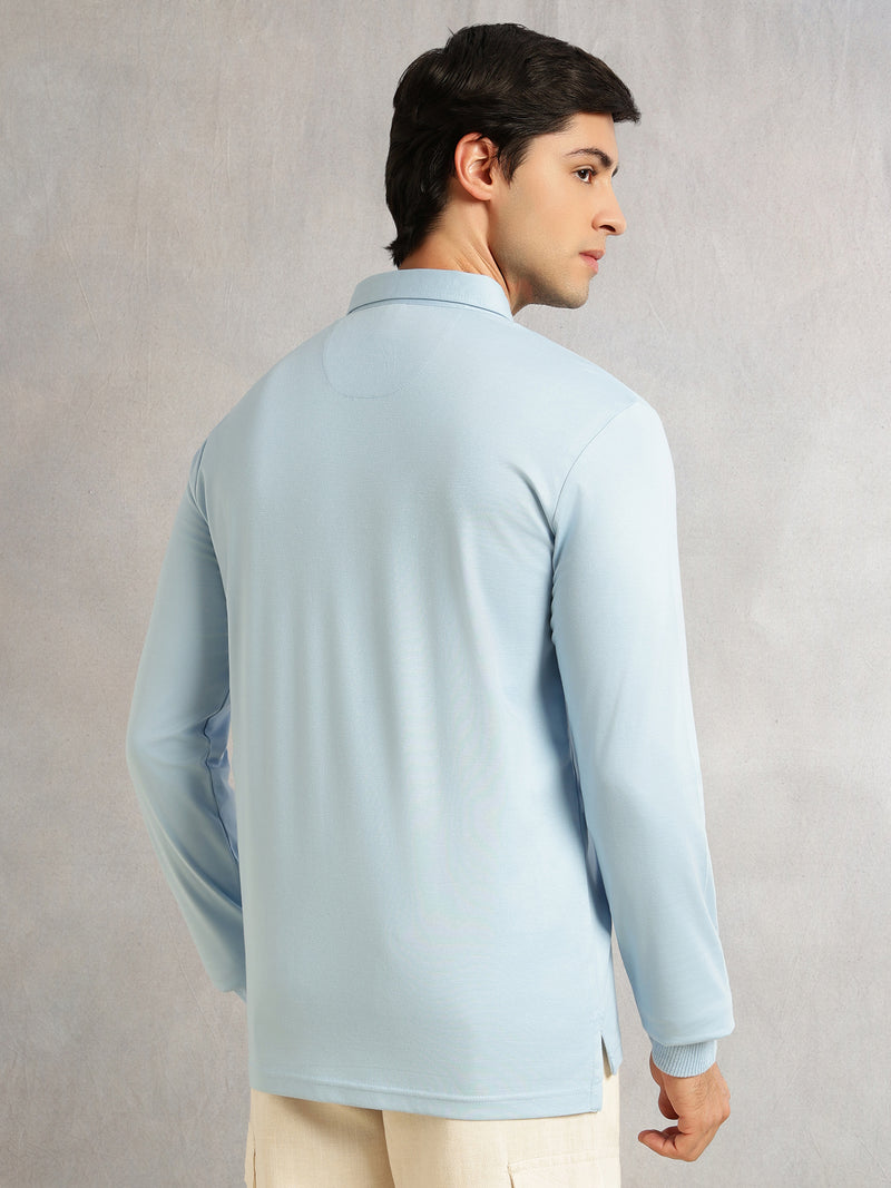 Thomas Scott Men Blue Regular Fit Long Sleeves Solid Viscose Rayon Knitted Polo Collar Performance Tshirt