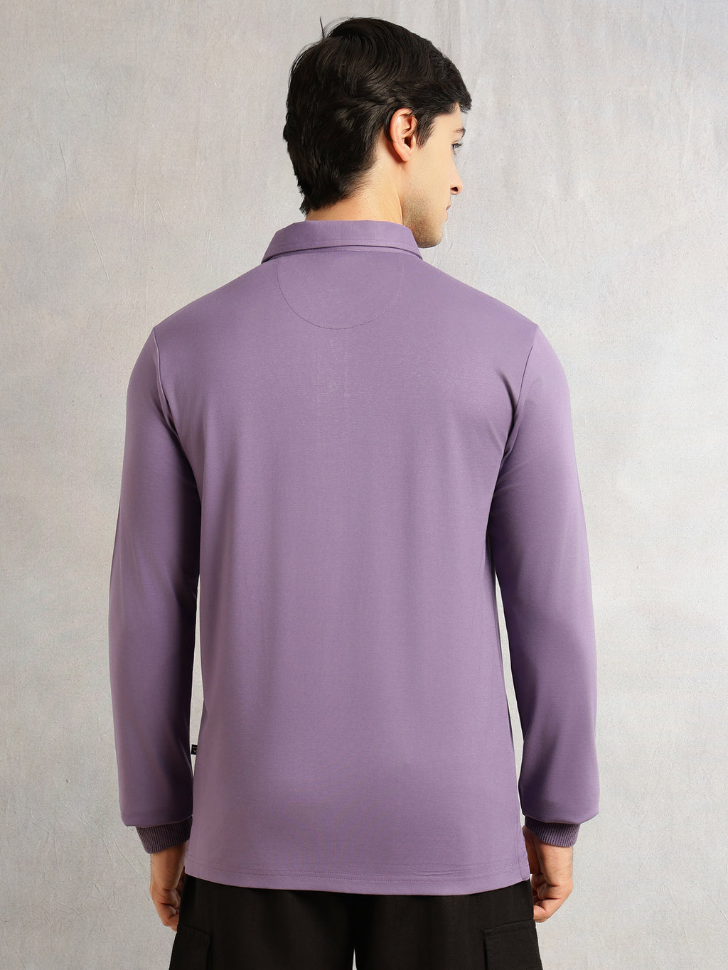 Thomas Scott Men Lavender Regular Fit Long Sleeves Solid Viscose Rayon Knitted Polo Collar Performance Tshirt