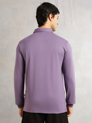 Thomas Scott Men Lavender Regular Fit Long Sleeves Solid Viscose Rayon Knitted Polo Collar Performance Tshirt