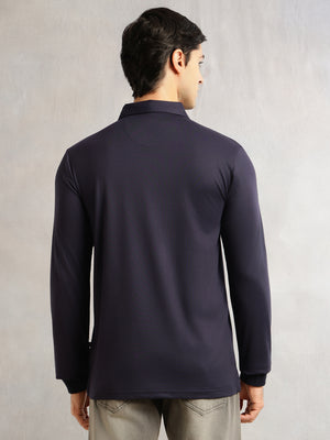 Thomas Scott Men Navy Regular Fit Long Sleeves Solid Viscose Rayon Knitted Polo Collar Performance Tshirt