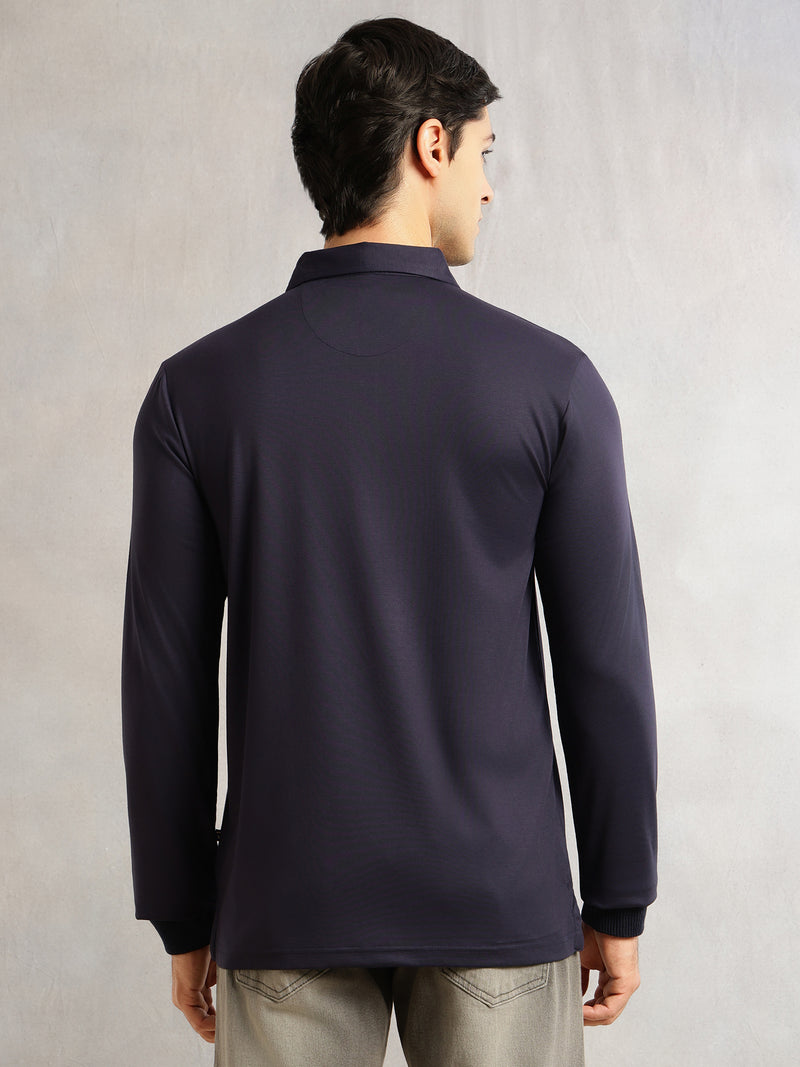 Thomas Scott Men Navy Regular Fit Long Sleeves Solid Viscose Rayon Knitted Polo Collar Performance Tshirt
