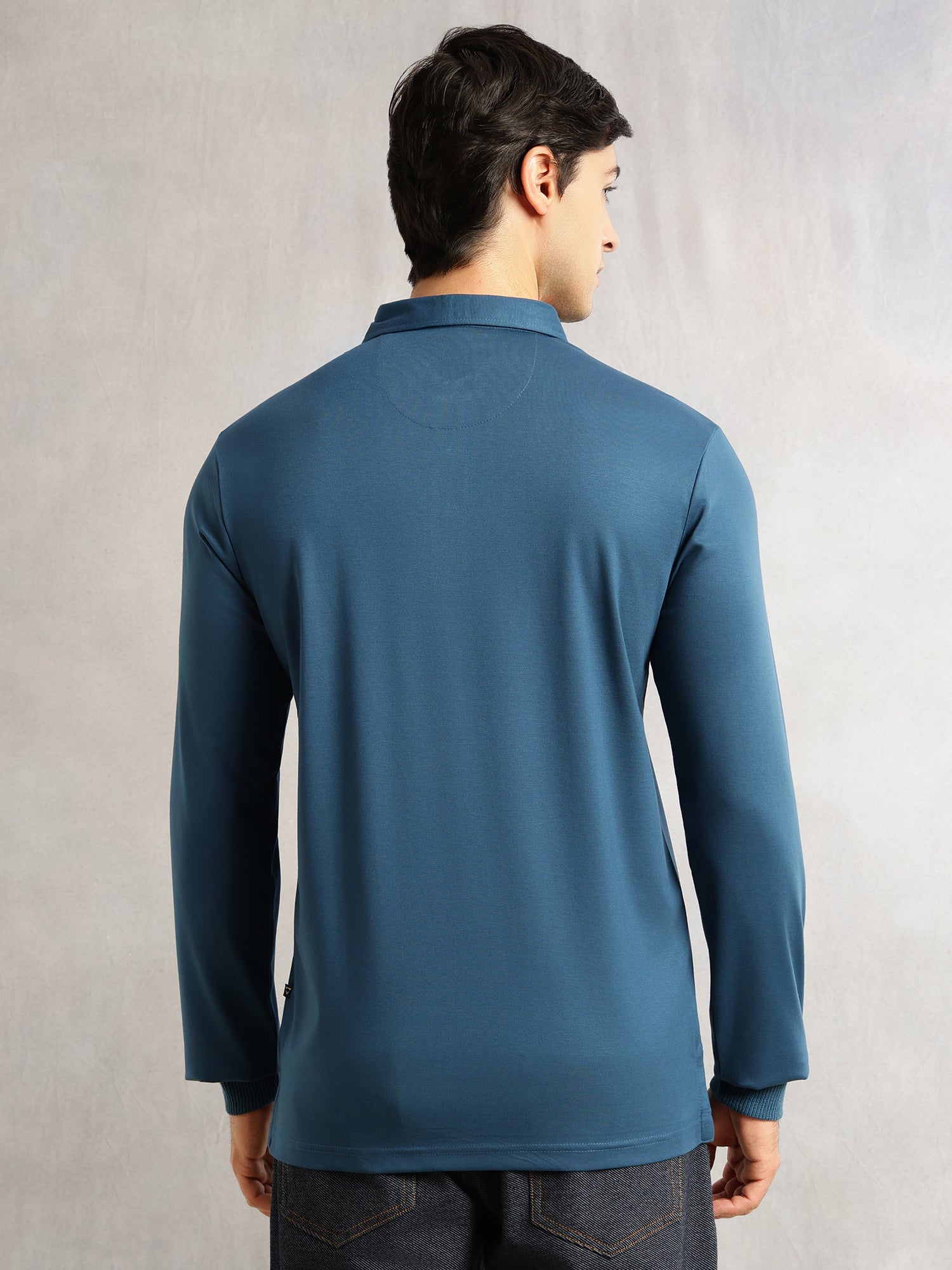 Thomas Scott Men Teal Regular Fit Long Sleeves Solid Viscose Rayon Knitted Polo Collar Performance Tshirt