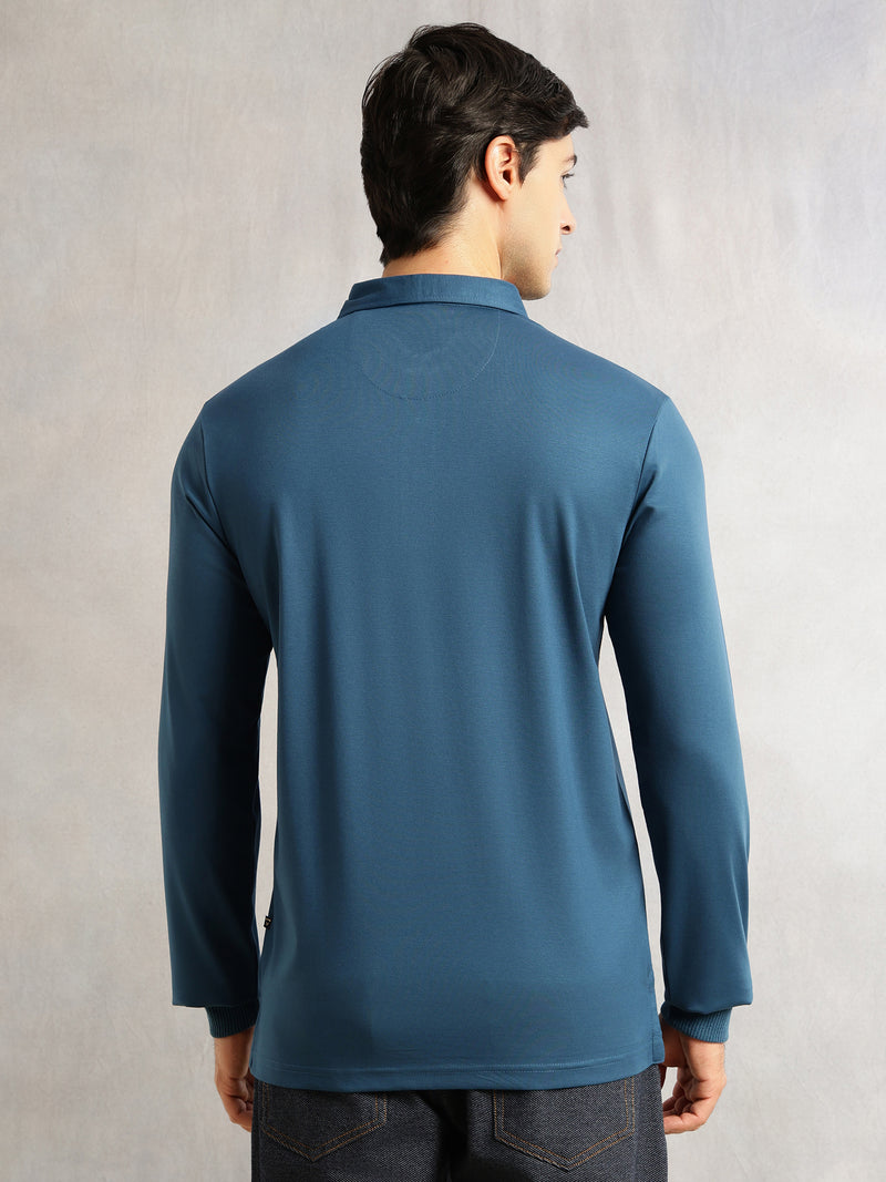 Thomas Scott Men Teal Regular Fit Long Sleeves Solid Viscose Rayon Knitted Polo Collar Performance Tshirt