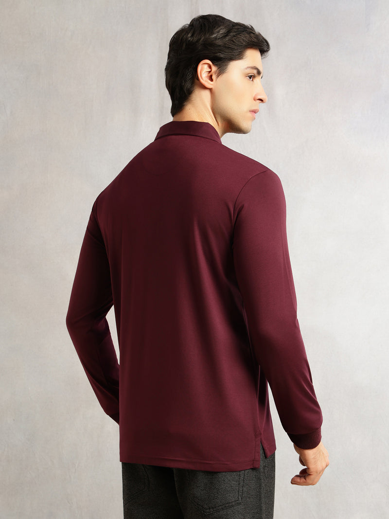 Thomas Scott Men Wine Regular Fit Long Sleeves Solid Viscose Rayon Knitted Polo Collar Performance Tshirt