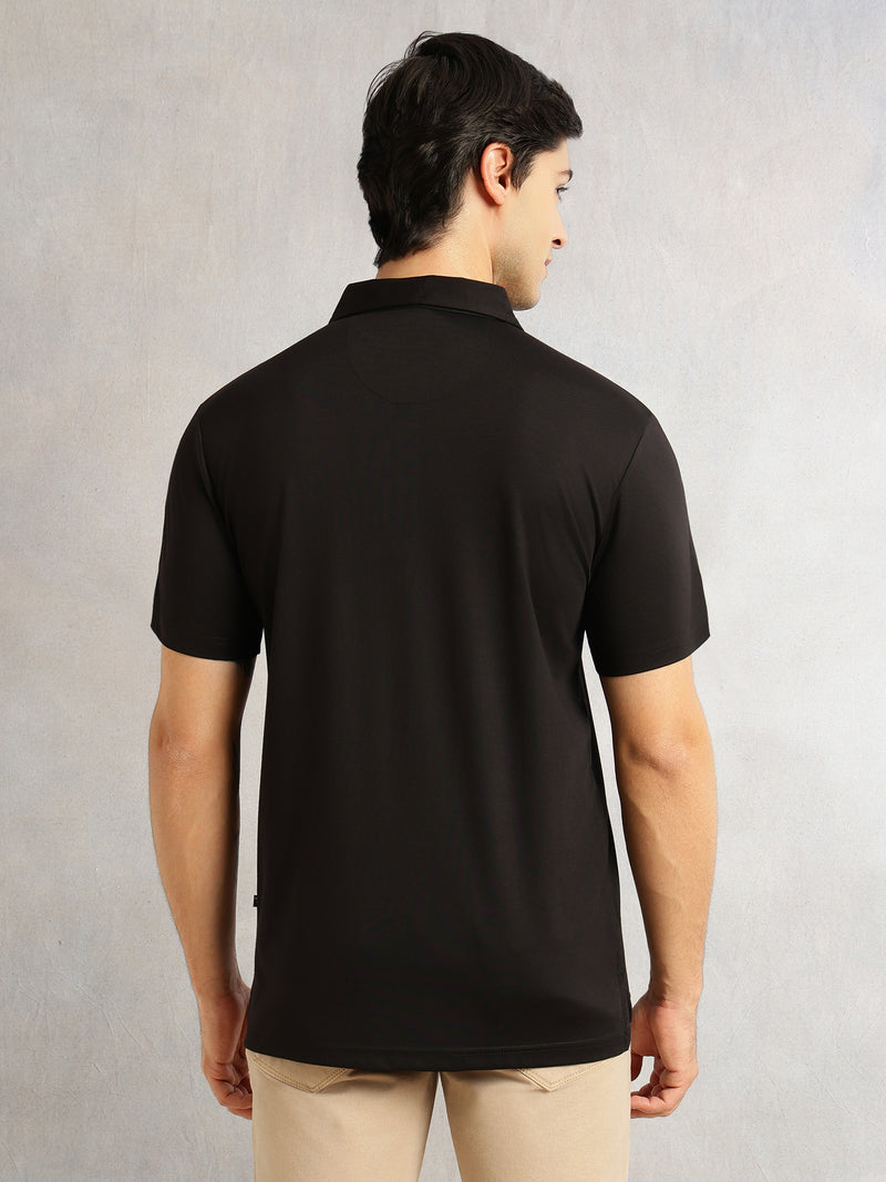 Thomas Scott Men Black Regular Fit Short Sleeves Viscose Rayon Solid Knitted Polo Collar Performance Tshirt