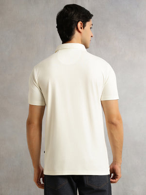 Thomas Scott Men Off White Regular Fit Short Sleeves Viscose Rayon Solid Knitted Polo Collar Performance Tshirt