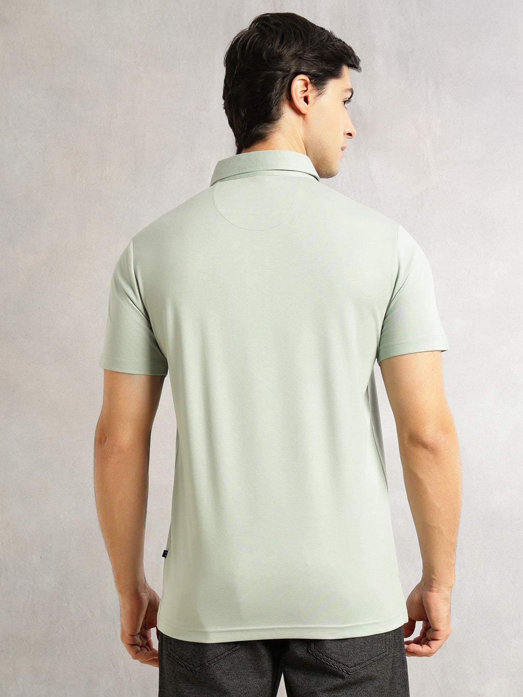 Thomas Scott Men Sage Green Regular Fit Short Sleeves Viscose Rayon Solid Knitted Polo Collar Performance Tshirt