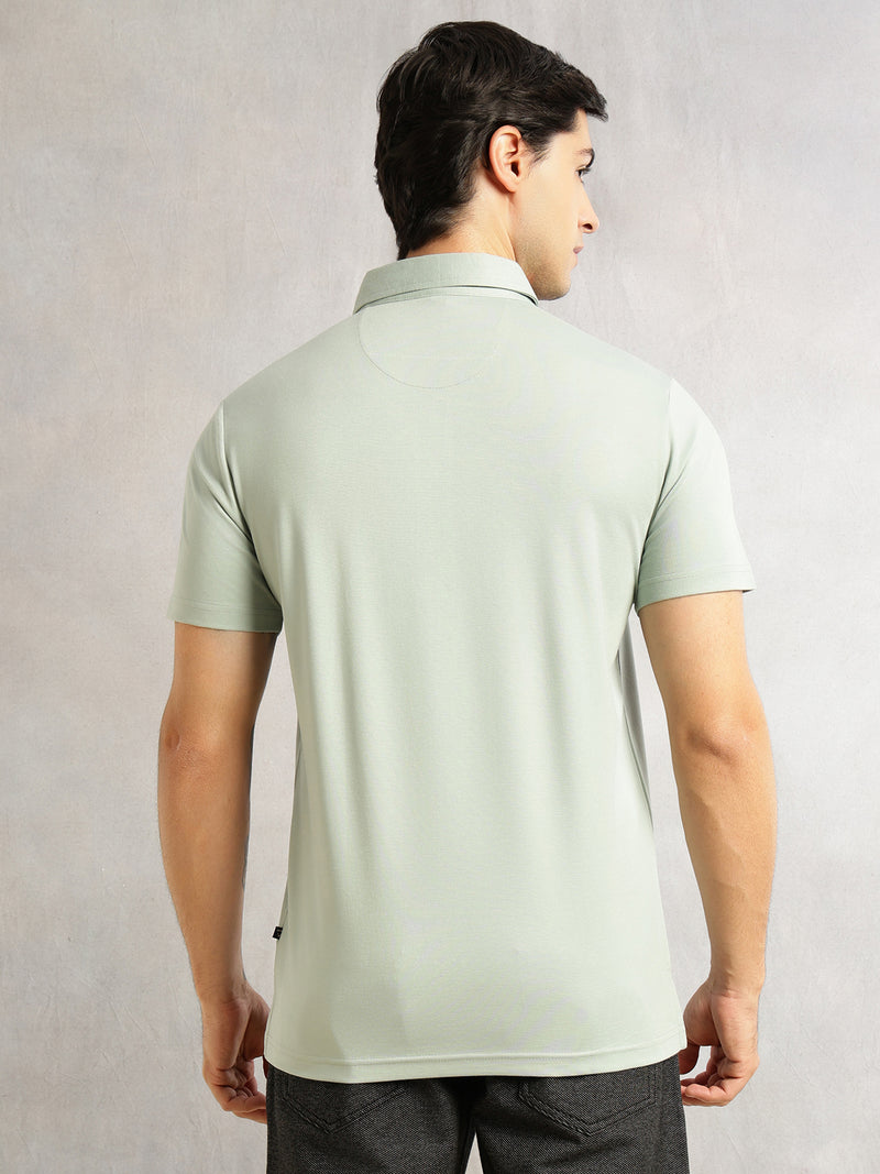 Thomas Scott Men Sage Green Regular Fit Short Sleeves Viscose Rayon Solid Knitted Polo Collar Performance Tshirt