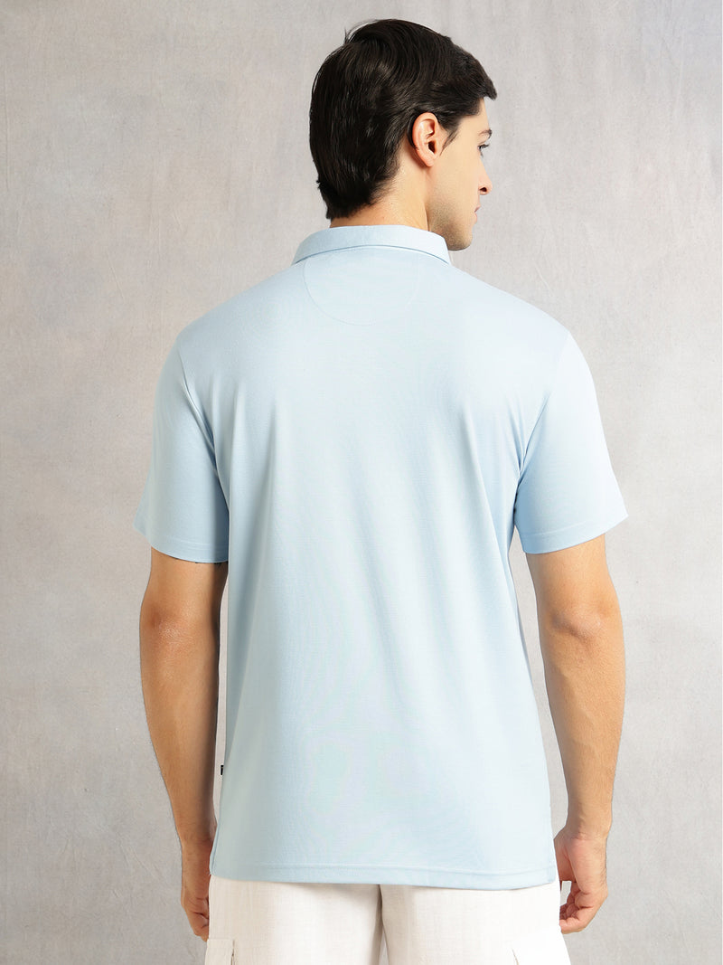 Thomas Scott Men Sky Blue Regular Fit Short Sleeves Viscose Rayon Solid Knitted Polo Collar Performance Tshirt