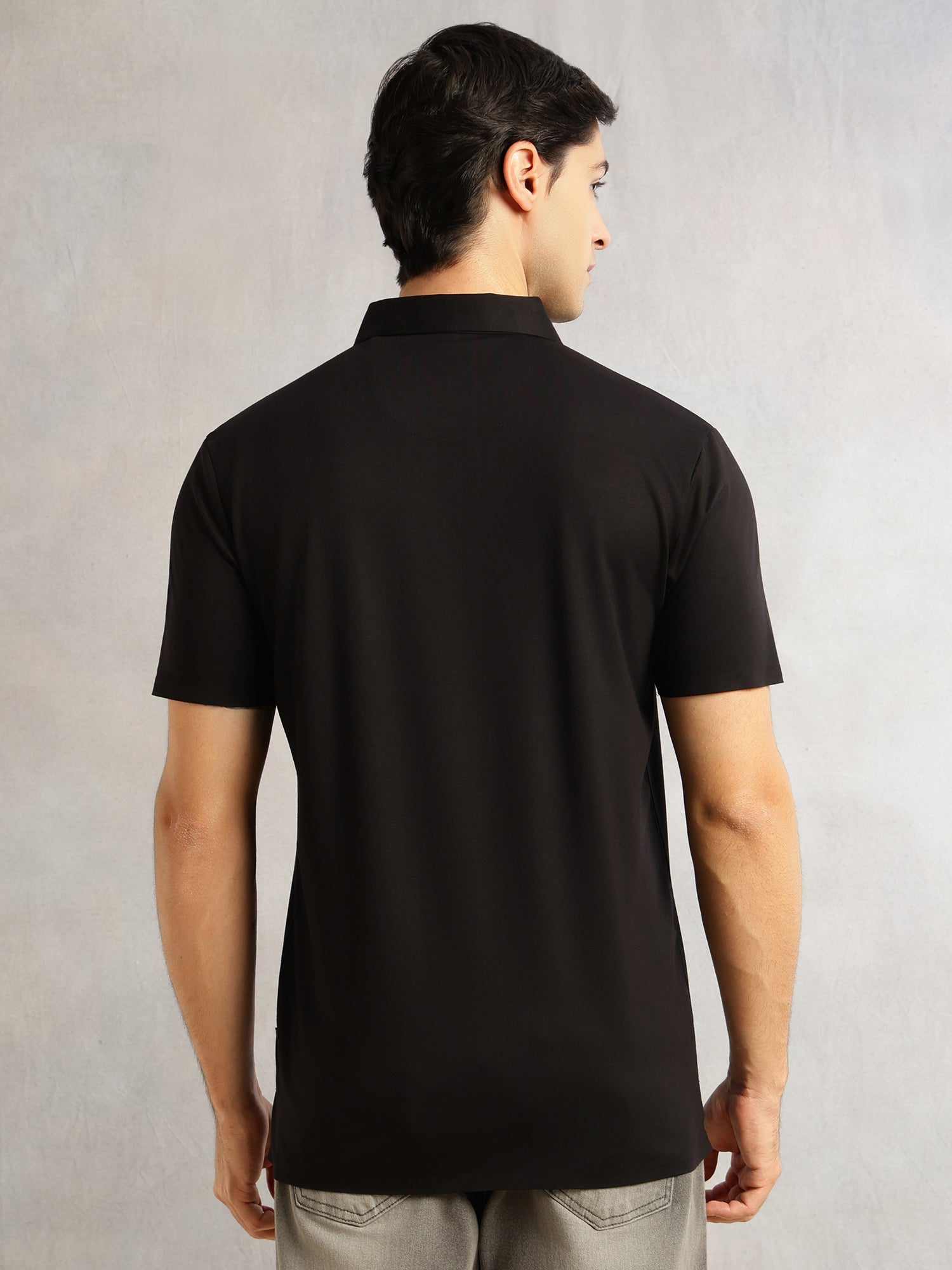 Thomas Scott Men Black Regular Fit Short Sleeves Solid Viscose Rayon Knitted Polo Collar Performance T-shirt