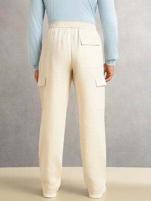 Thomas Scott Men Cream Regular Fit Mid-Rise Linen Cargo Trouser with Drawstring Closure , 5 Pocket Design
