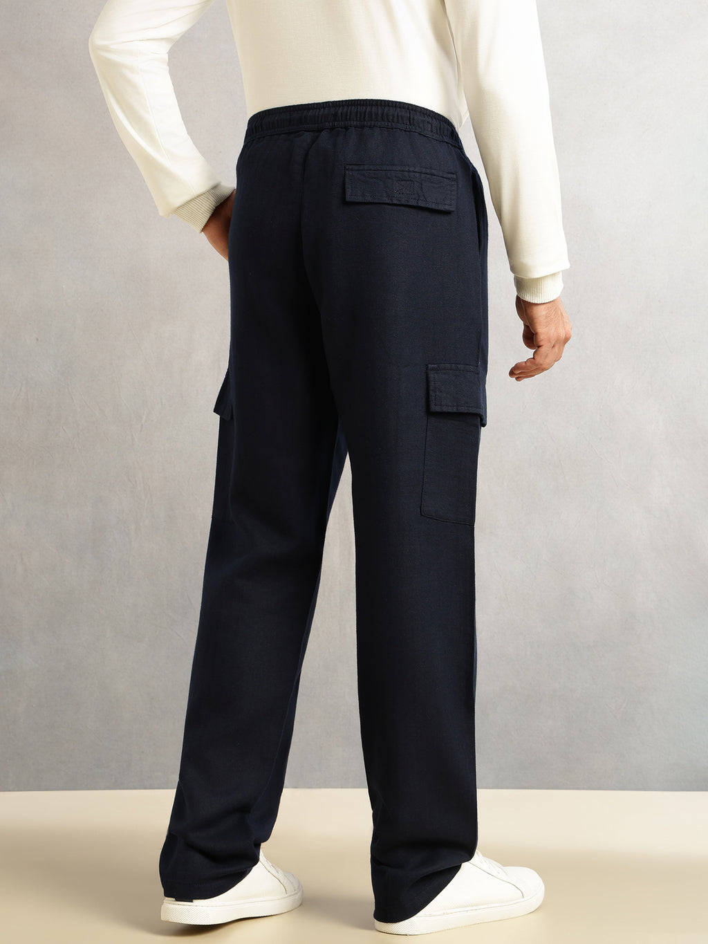 Thomas Scott Men Navy Regular Fit Mid-Rise Linen Cargo Trouser with Drawstring Closure , 5 Pocket Design